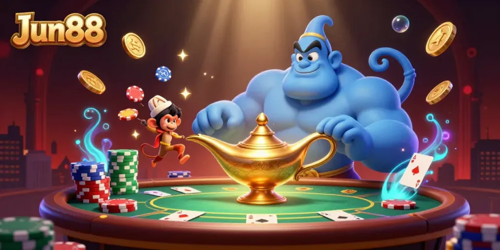 Experience the thrill of gambling with Jun88 at a lively casino featuring a blue genie and poker elements.