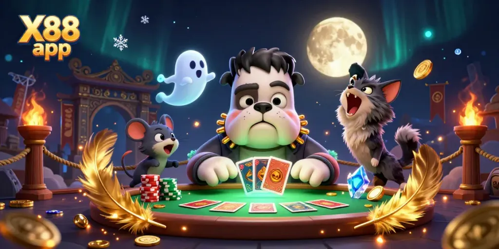 Experience the thrill with the engaging X88 app, featuring a unique gaming scene with cartoon characters and vibrant casino elements.