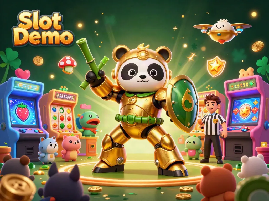 Spin thrilling Slot Demo games featuring a mech-suit panda and vibrant visuals in a lively arcade setting.