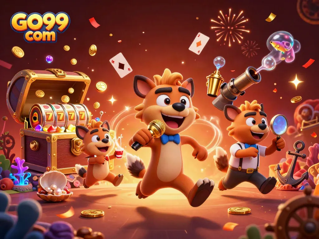 Experience the excitement of GO99 com with a lively casino scene showcasing hyenas in a comedic setting.