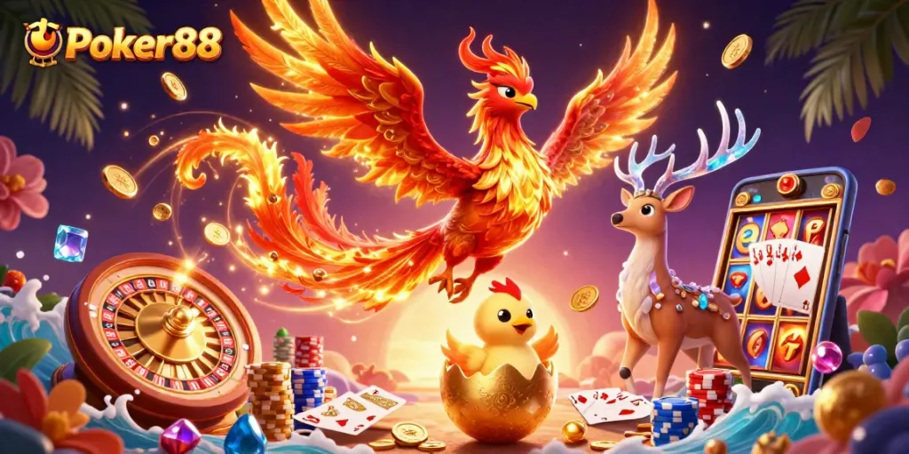 Win big at Poker88 with vibrant casino-themed art featuring phoenixes and playing cards.