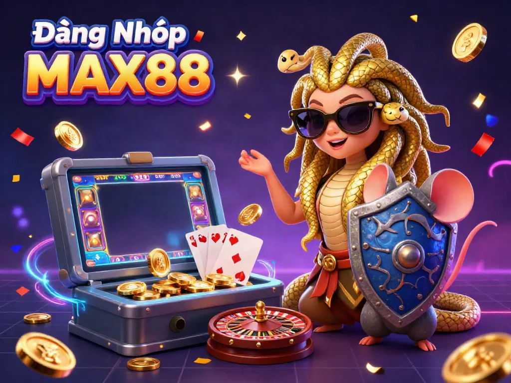 Experience Đăng Nhập MAX88 with vibrant casino visuals and dynamic game elements in a 3D illustration.
