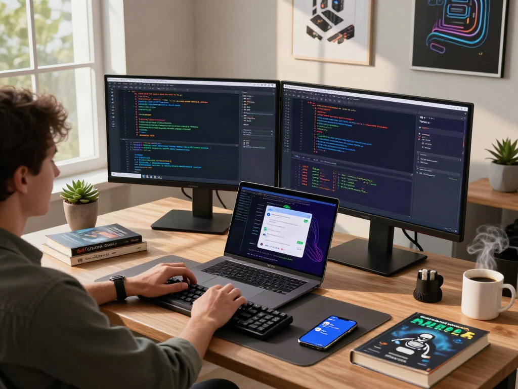Developer coding on a laptop in a stylish office with screens showing an nsfw chat bot interface.