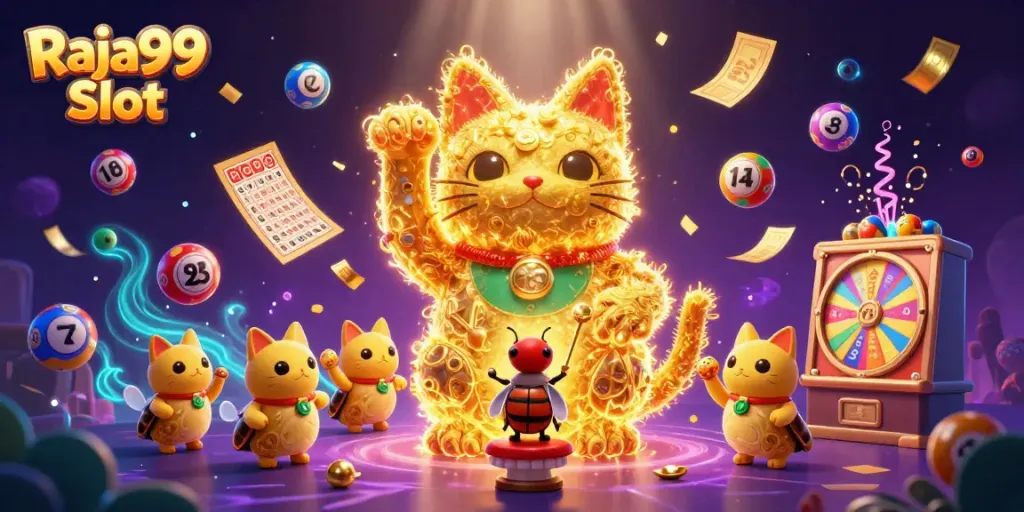 Raja99 Slot bermain dengan simbol keberuntungan dan karakter menarik dalam ilustrasi kasino.