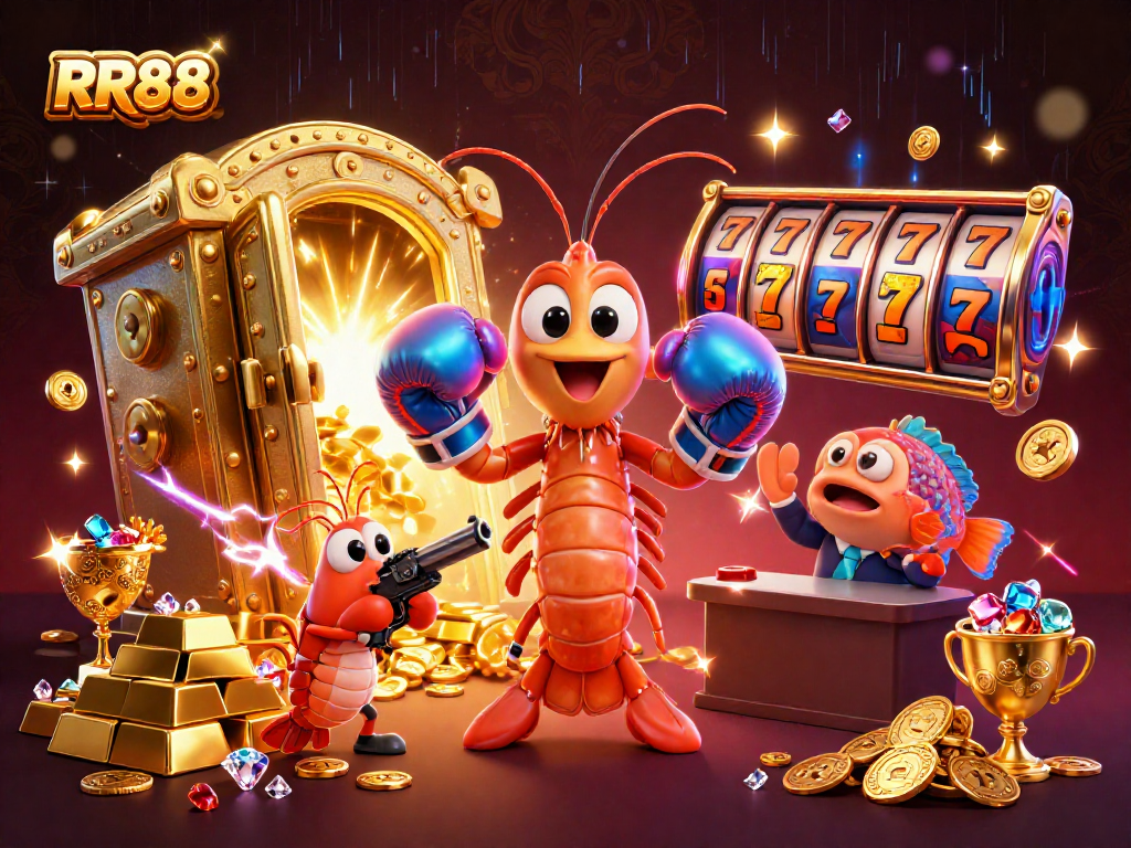 Engage with RR88's dynamic gaming scene featuring vibrant slot reels and treasure galore.