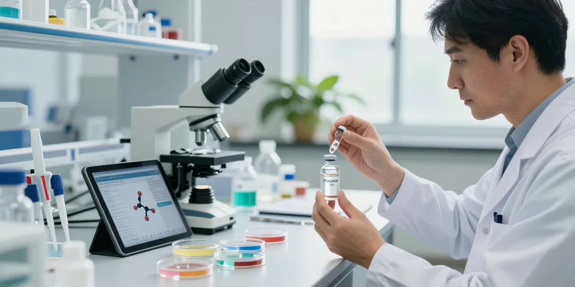Pinealon peptide being analyzed in a modern lab by a researcher, showcasing scientific exploration.
