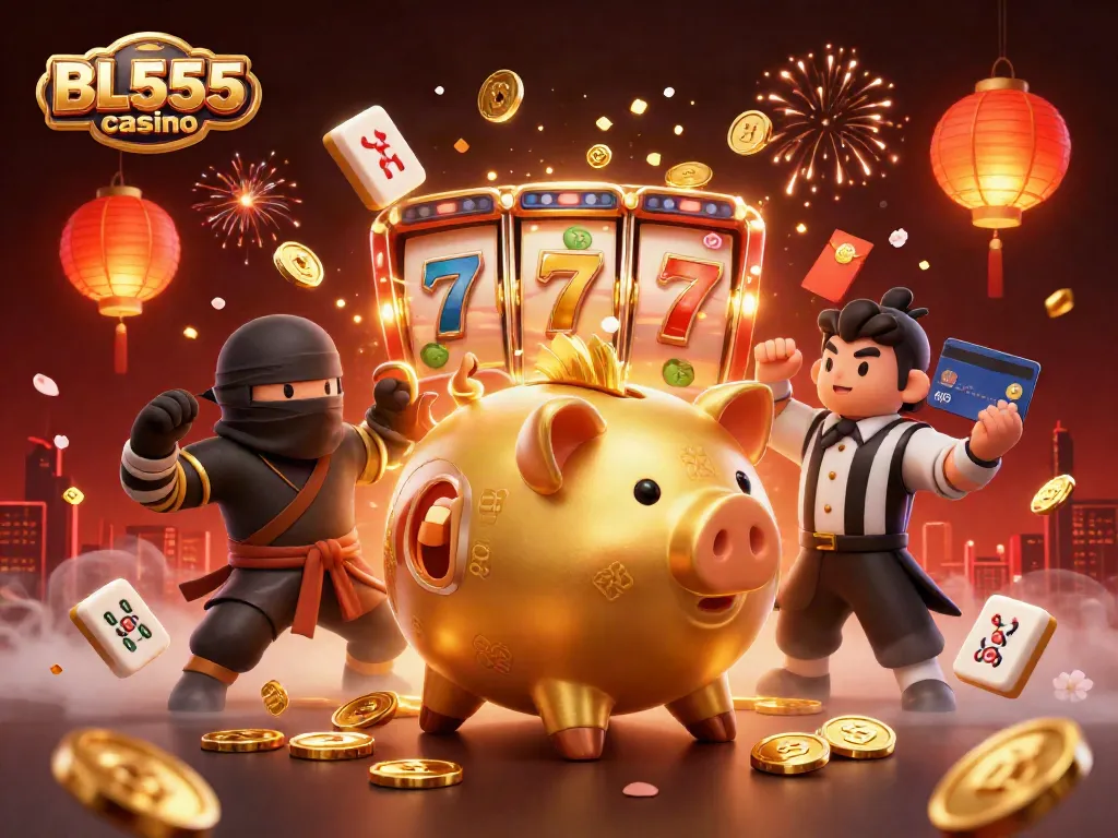 Join the excitement at BL555 casino with dynamic characters and vibrant game elements celebrating online gaming.