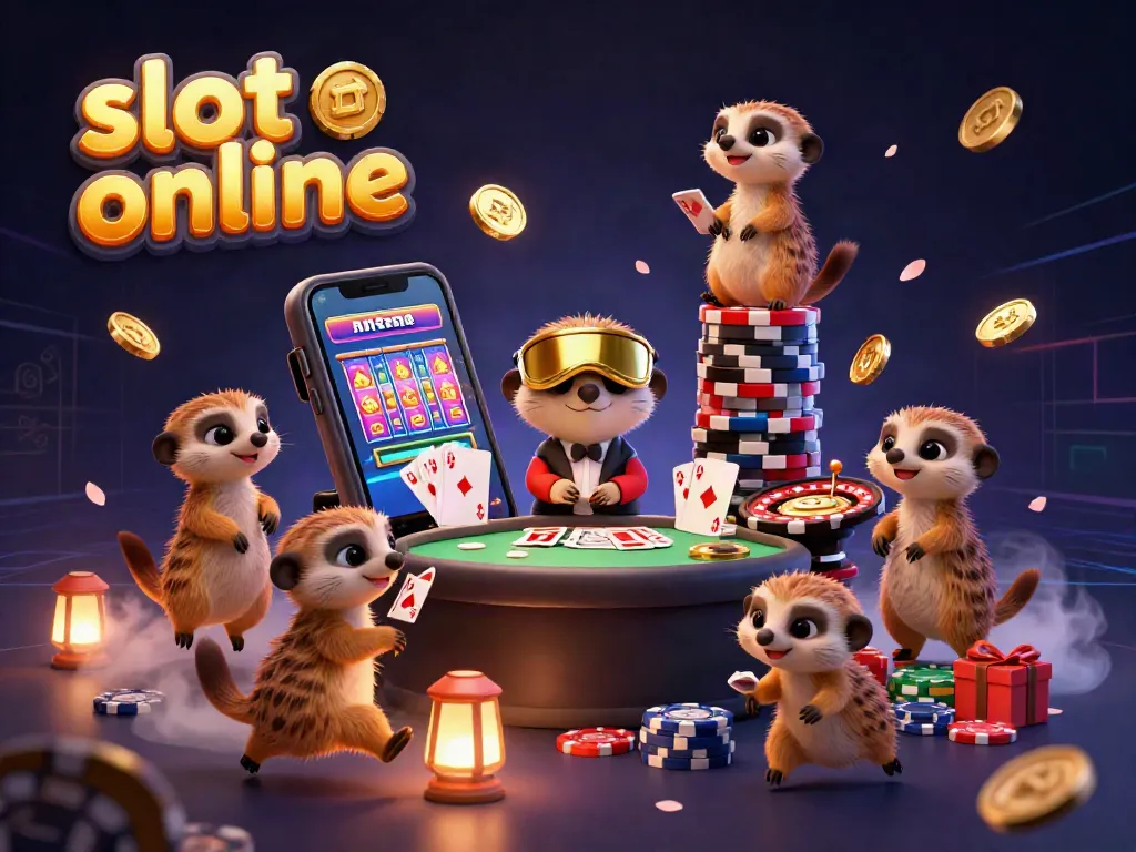 Experience excitement with slot online as meerkats run a vibrant casino in a colorful 3D illustration.