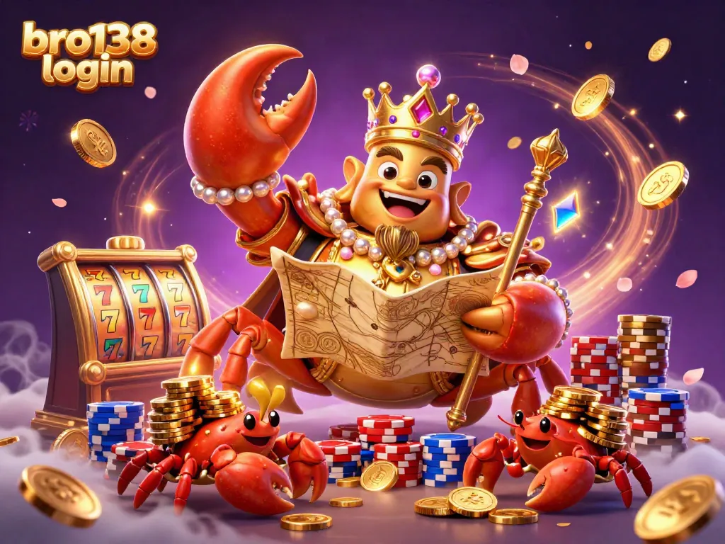 Experience thrilling gaming action with bro138 login, featuring a golden crab emperor amidst cascading slots and vibrant poker chips.