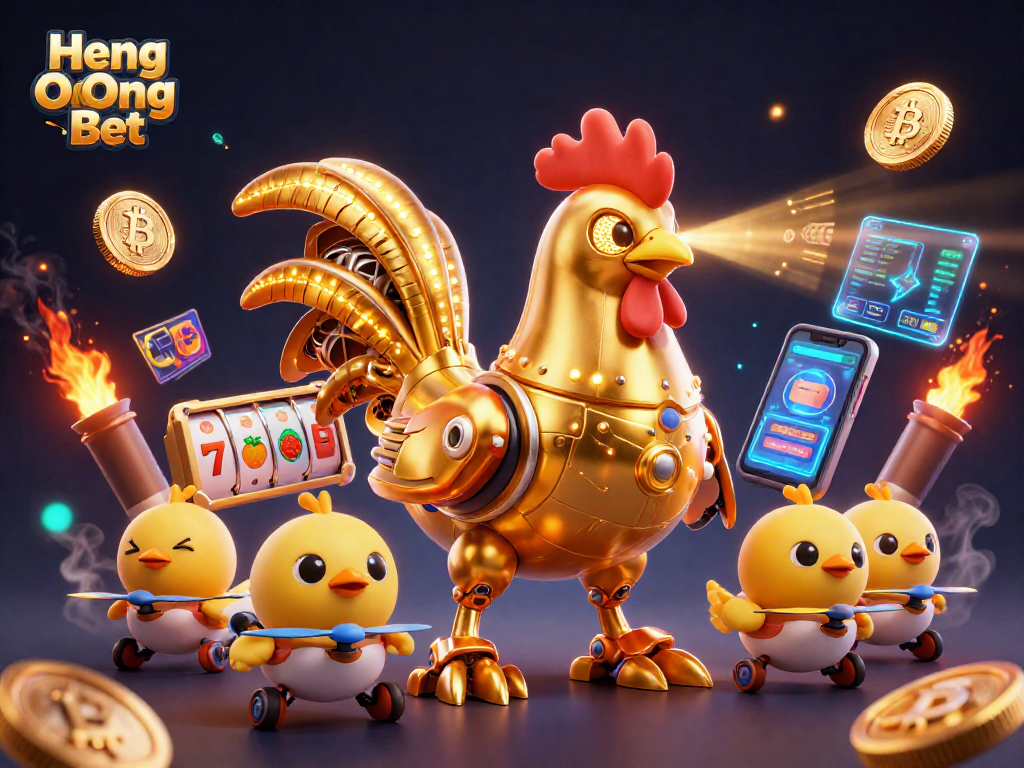 Engaging 3D illustration of Heng Ong Bet's golden rooster robot, showcasing exciting casino elements.