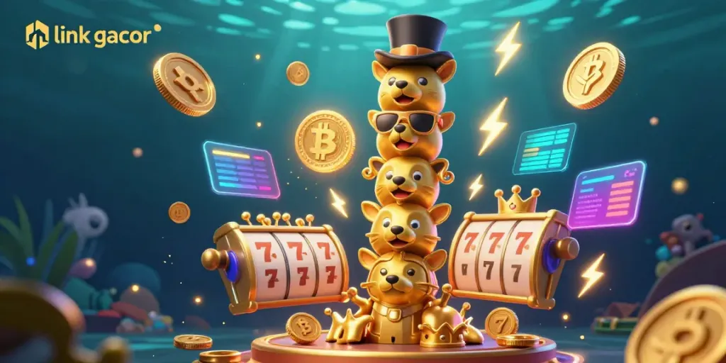 Experience the excitement of casino gaming with link gacor, featuring a vibrant golden totem pole amidst dynamic gambling elements.