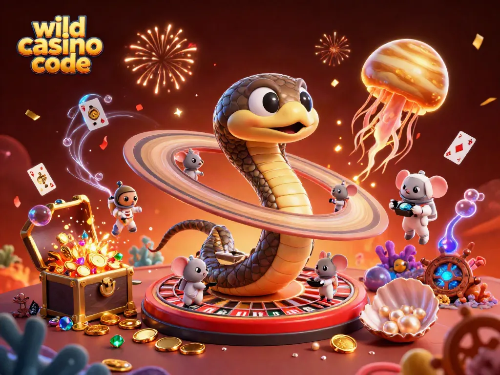 Engage with the wild casino promo code in a dynamic cosmic casino scene filled with festive elements and cute astronaut mice betting.