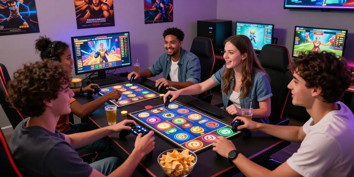 Engaging friends playing bandar slot game in vibrant gaming setup
