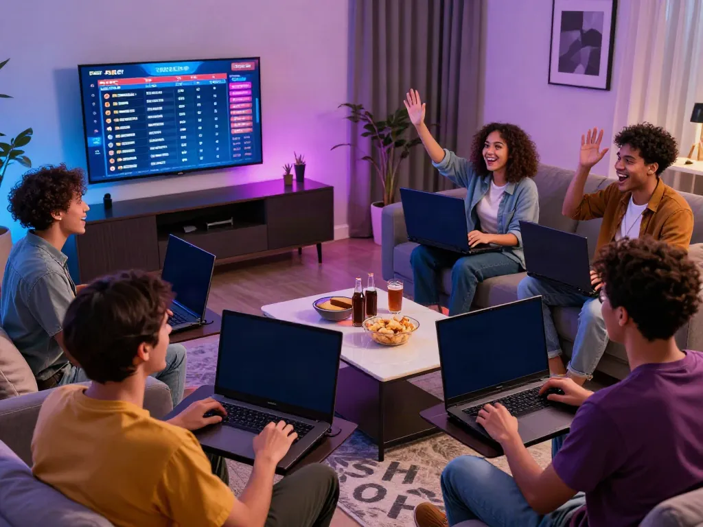 Friends enjoying PG SLOT games in a lively gaming atmosphere with devices and snacks.