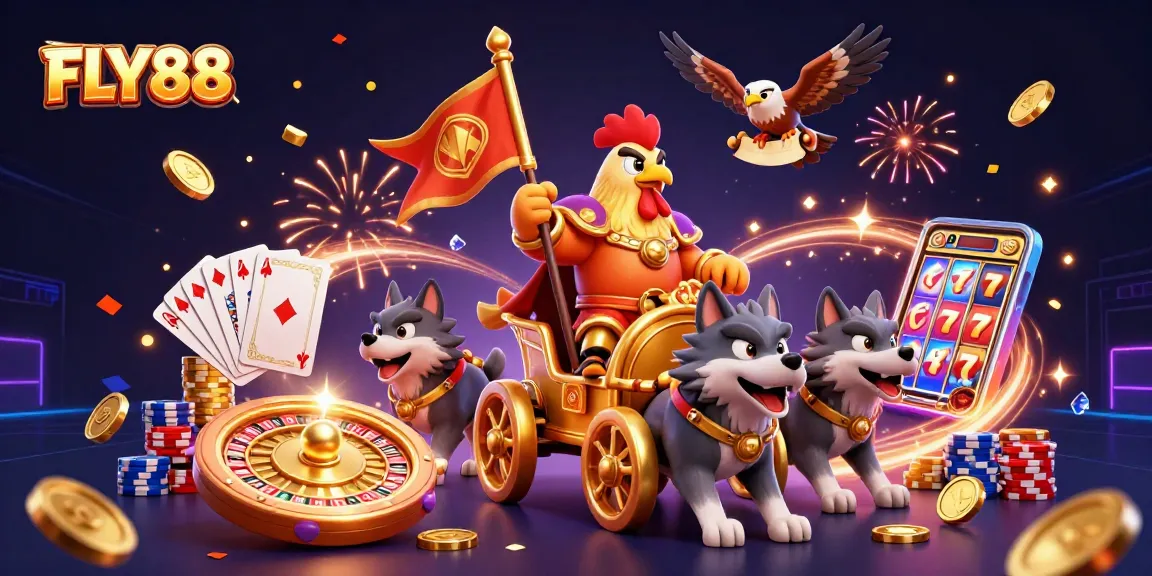 FLY88 offers thrilling gameplay with casino elements like coins, roulette, and vibrant characters in an exciting scene.