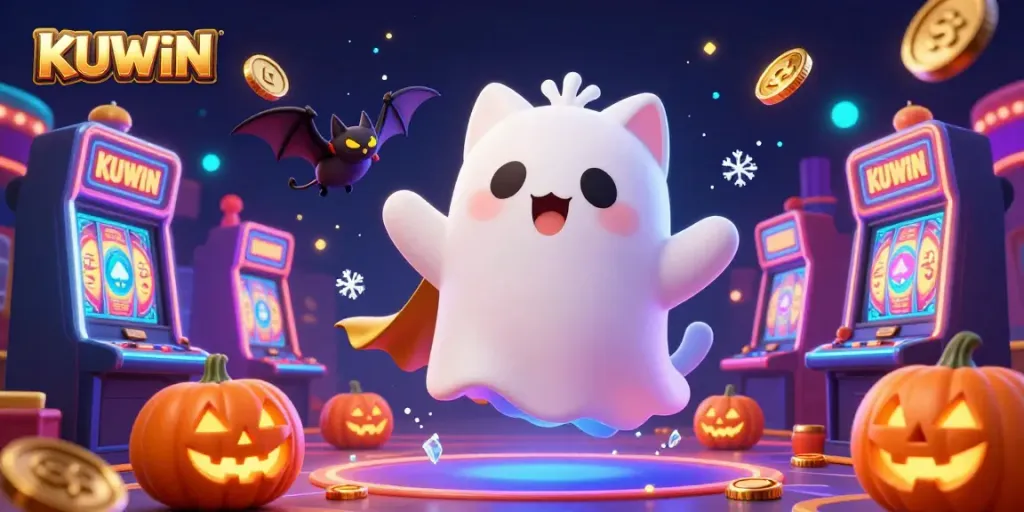 KUWIN brings excitement to life in a 3D illustration featuring a playful ghost cat and vibrant slot reels.