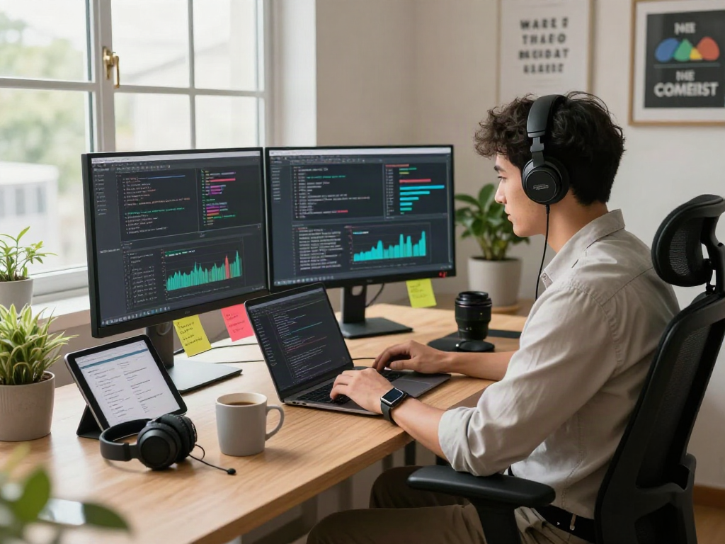 Pikashow apk download on a software developer's workspace with code on dual monitors and tech elements.