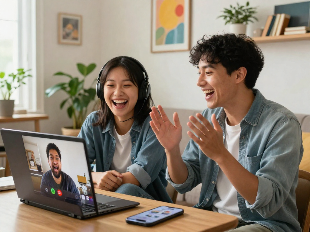Participants enjoying a random chat in private video conversations, showcasing real connections.