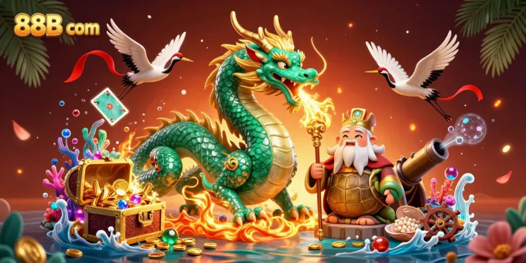 Engage with dynamic gaming at 88B com, featuring vibrant dragon and gaming elements.