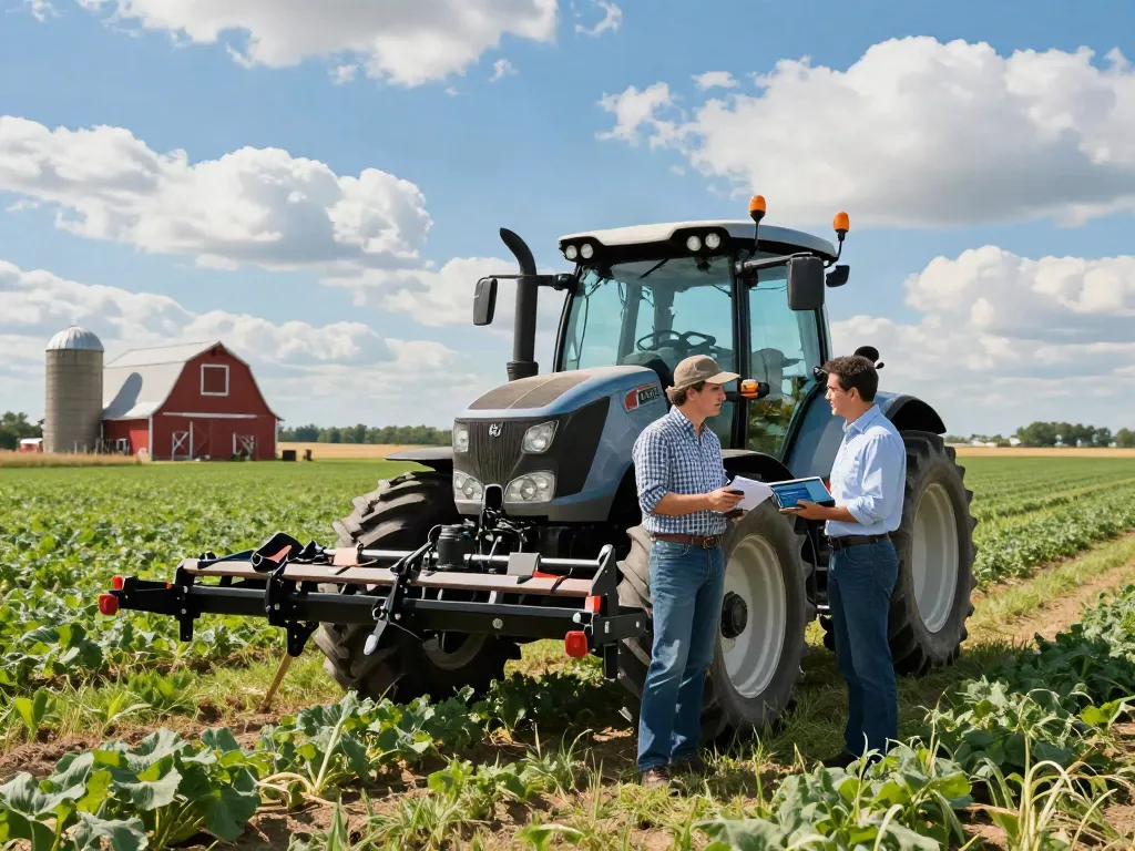 A farmer discussing Agriculture Equipment Financing Brisbane options with a broker next to modern farming equipment in a lush field.