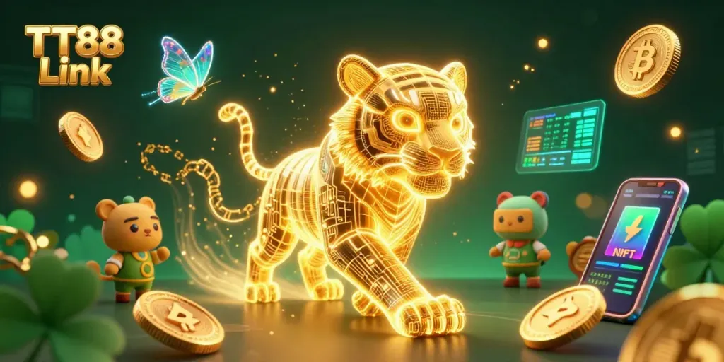 Engage in thrilling gameplay at TT88 Link, featuring a vibrant casino scene with neon elements and crypto coins.