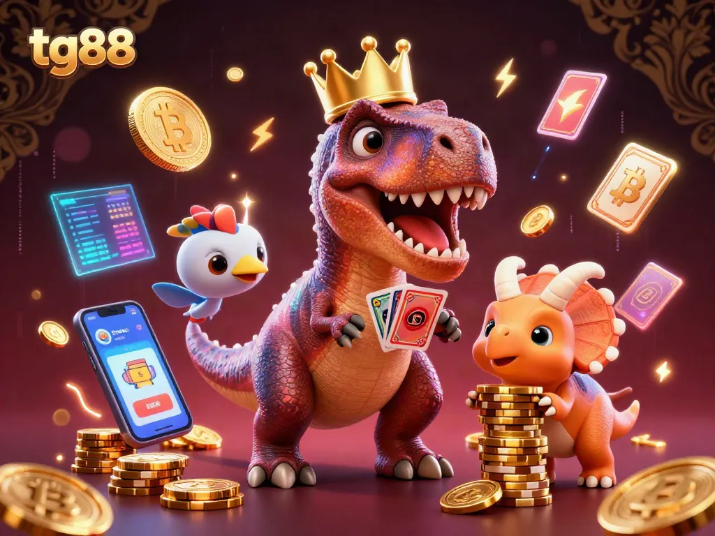 Experience tg88 gaming with a T-Rex shuffling cards while crypto coins float around.