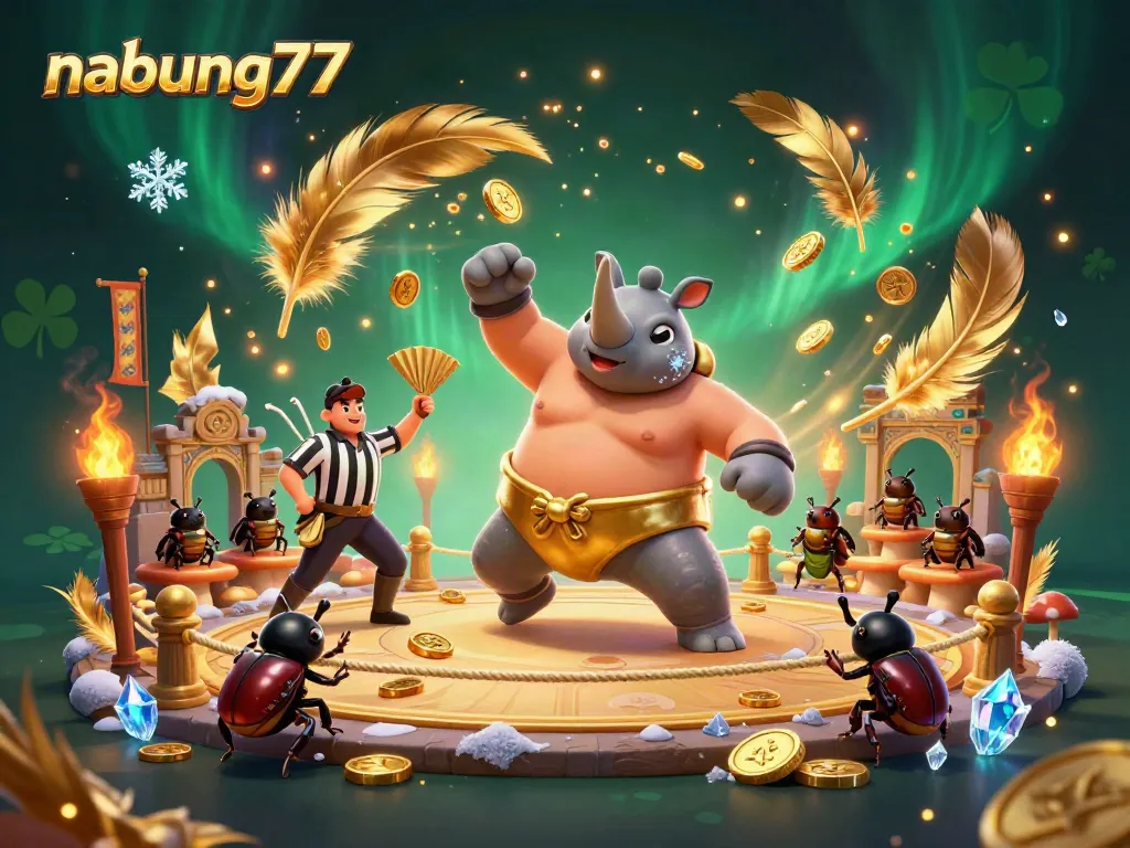 Nabung77 slot game experience featuring a beetle champion, referee, and dynamic casino elements.