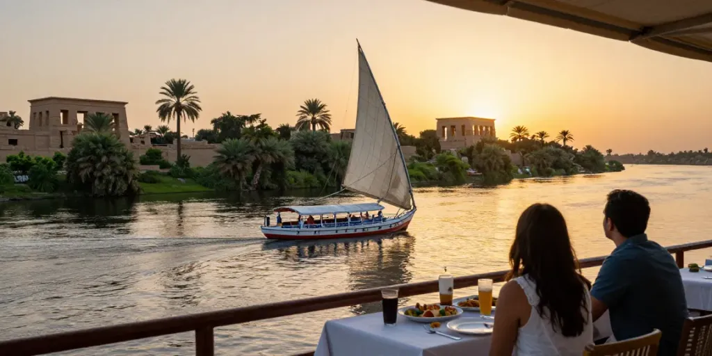 Dahabiya Nile cruise showcasing serene river views, couple dining on deck against sunset.