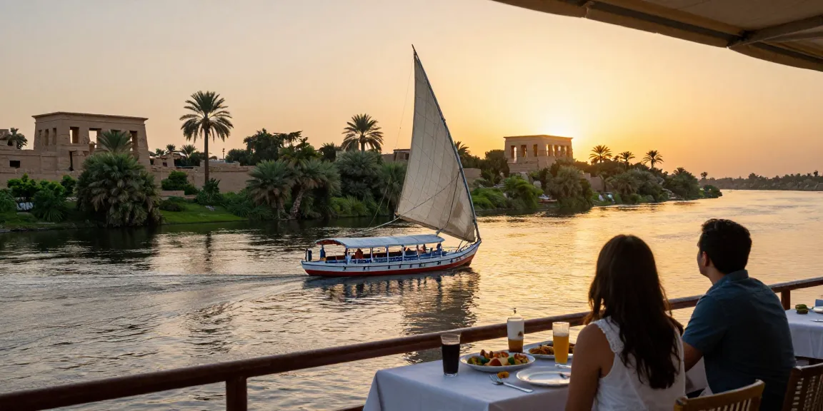 Dahabiya Nile cruise showcasing serene river views, couple dining on deck against sunset.