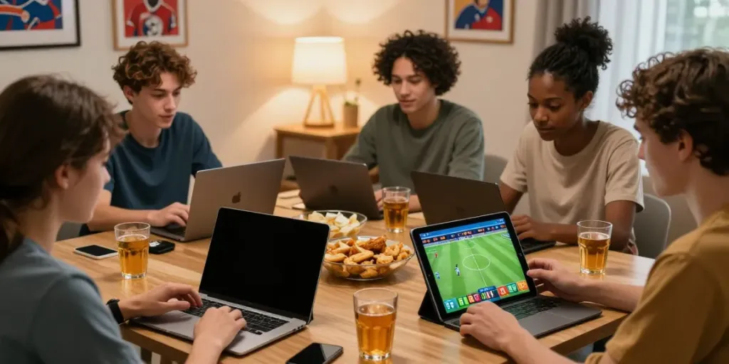 Engaging betting scene for Taruhan Bola DewaGG with diverse players using multiple devices to place bets.
