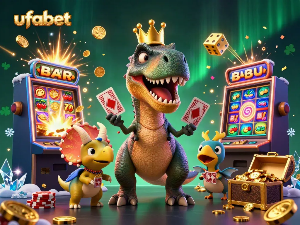 ภาพการ์ตูน 3 มิติแสดงให้เห็นถึง T-Rex ที่มีมงกุฎทองเล็กๆ กำลังเล่นไพ่อยู่ และเพื่อนช่วยถือไพ่ให้ พร้อมกับไทรเซอราทอปที่สแต็คชิปทองคำ อยู่ท่ามกลางเกมคาสิโน ufabet