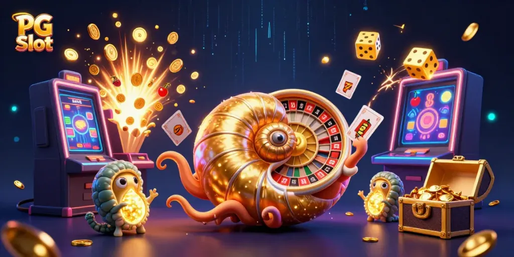 Pemain bersemangat meraih jackpot PG Slot dengan gusar, banyak simbol slot dan kartu bersinar.
