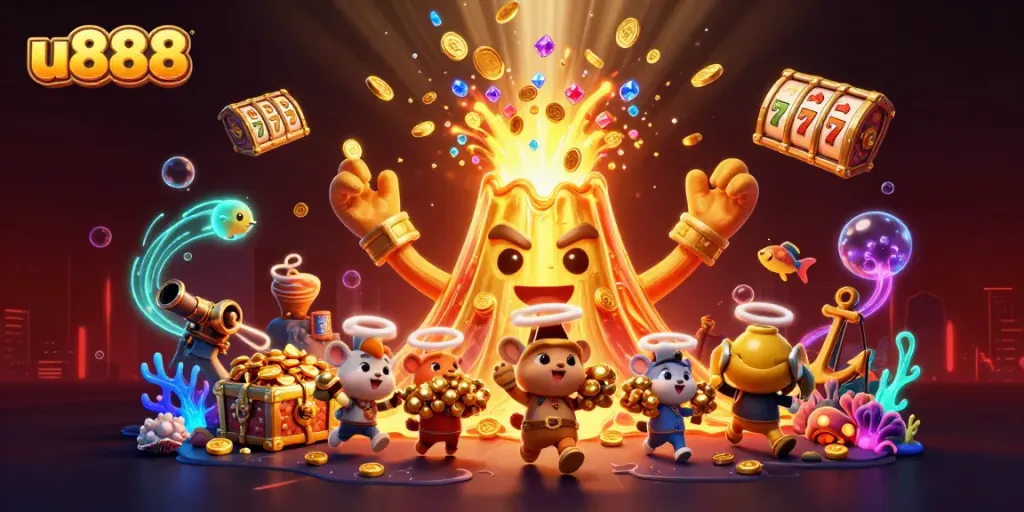 Win big with u888 at this vibrant casino-themed scene filled with treasures and gaming action.