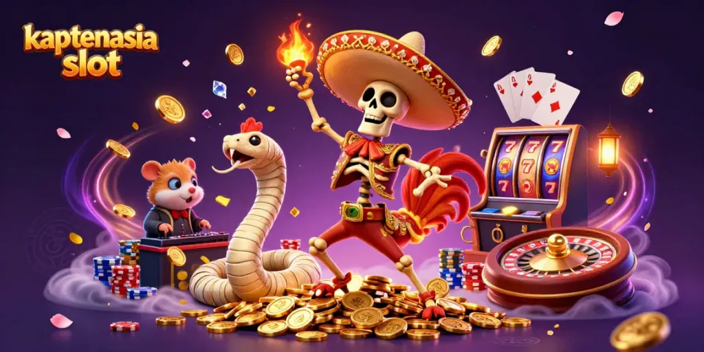 Gambar menarik kaptenasia slot dengan karakter unik merayakan kemenangan di tumpukan koin emas.