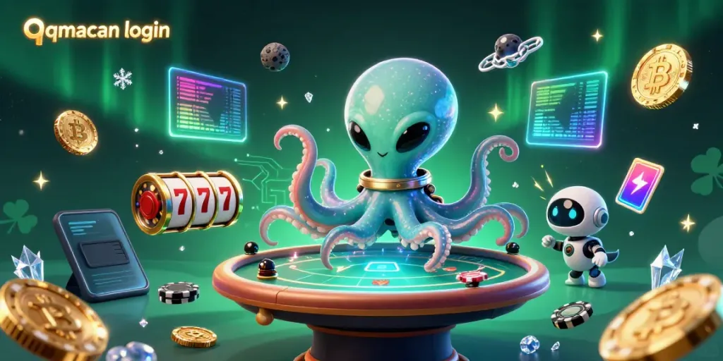 Experience the excitement of qqmacan login with an alien octopus dealer amidst glowing crypto coins and dynamic slot elements.