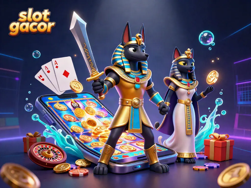 Experience the excitement of slot gacor with Anubis and Bastet amidst vibrant casino elements.