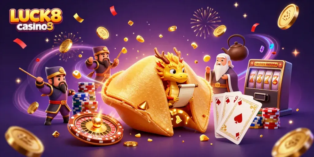 Experience the excitement of LUCK8 casino with a vibrant scene of a golden fortune cookie, dragon, and casino elements.