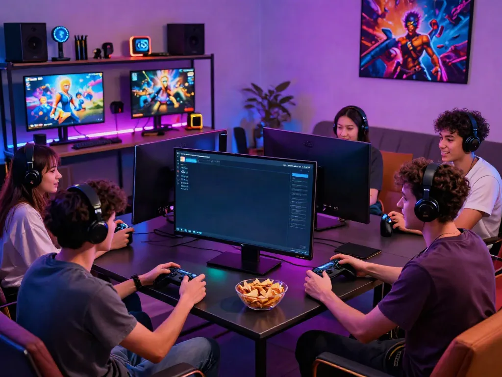 Friends enjoying QQMacan gaming in a stylish lounge setup.