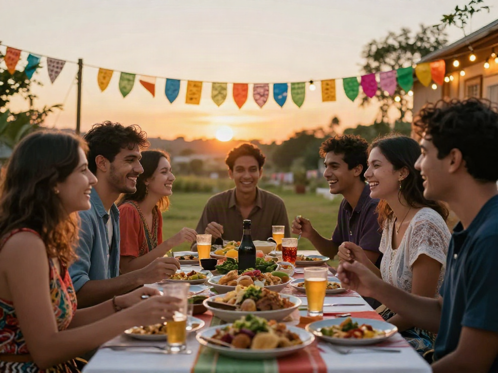 Friends enjoying a lively meal at a festive outdoor event, celebrating hargatoto.