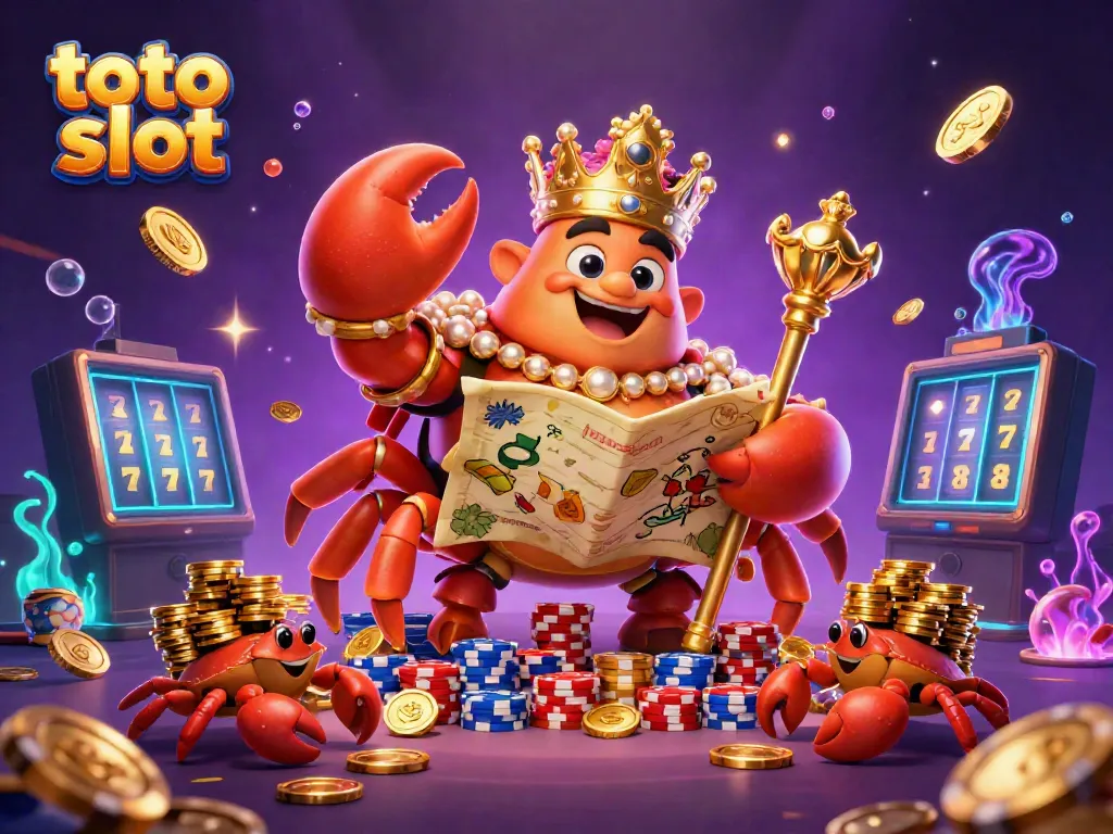 Experience the excitement of toto slot with a golden crab emperor amidst cascading coins and vibrant casino elements.
