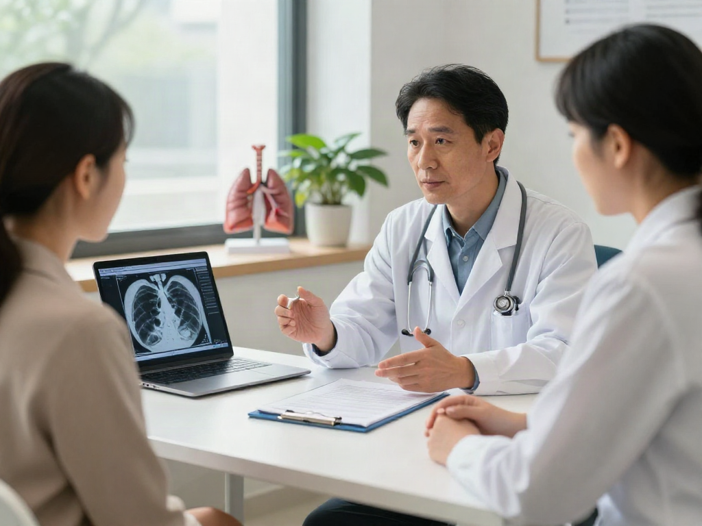 Lung cancer specialists in Abu Dhabi discussing treatment with a patient in a modern clinic.