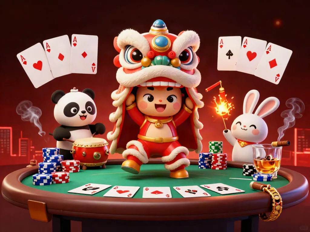 Celebrate with nạp tiền lc88 featuring a lion dance surrounded by vibrant poker elements.