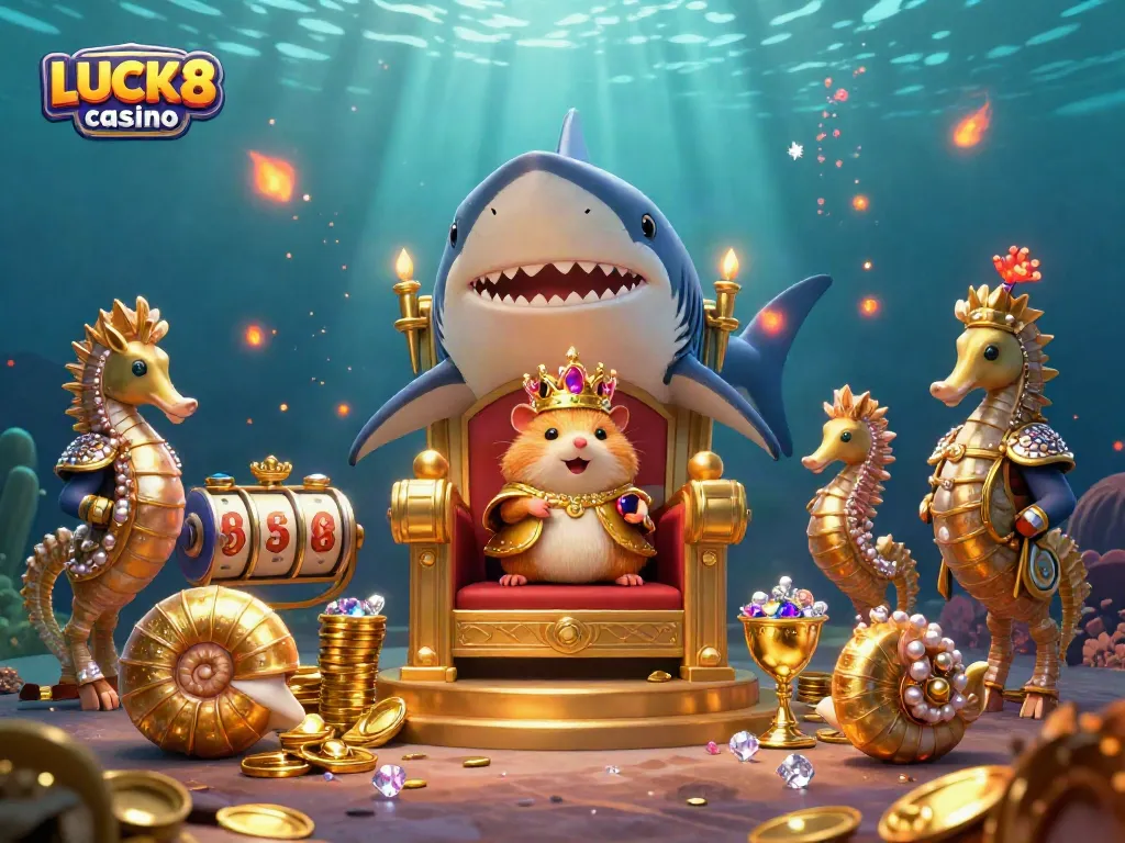 Experience the thrilling LUCK8 casino with a vibrant underwater scene featuring the golden hamster king on a shark tooth throne.