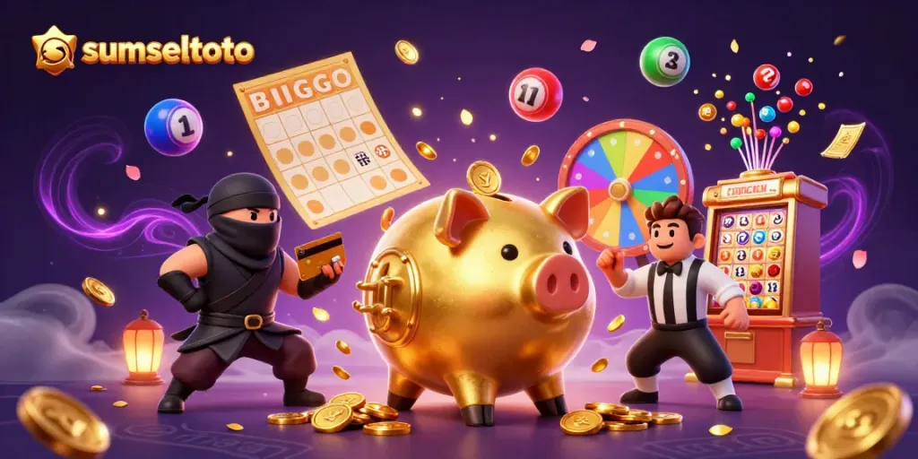 Experience thrilling gameplay with sumseltoto featuring golden piggy bank sumo wrestler amidst dynamic gaming elements.