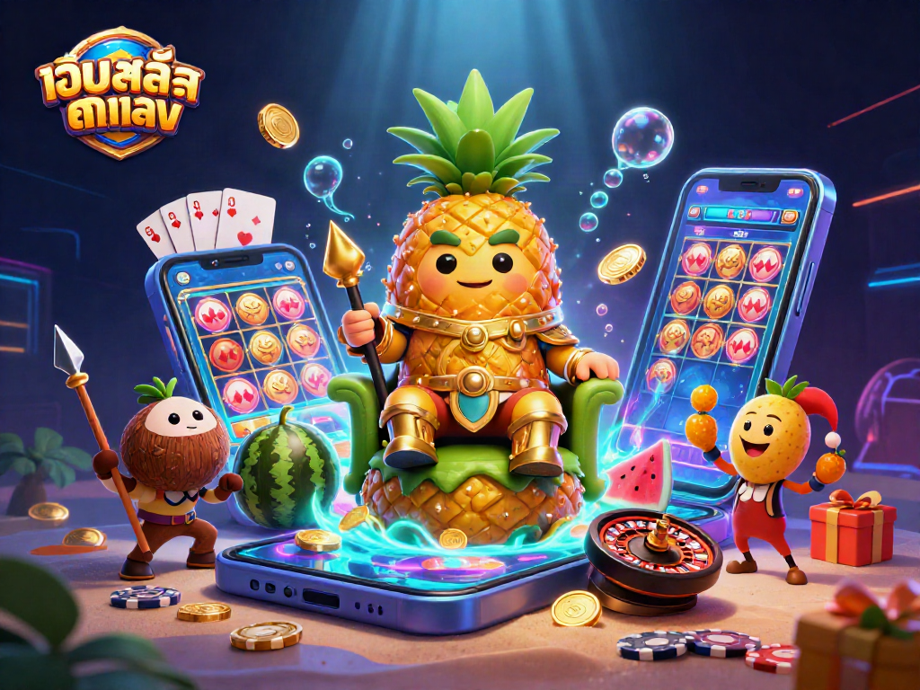 Engage with เว็บสล็อตตรง featuring the golden pineapple king in a vibrant 3D casino scene with dynamic game elements.