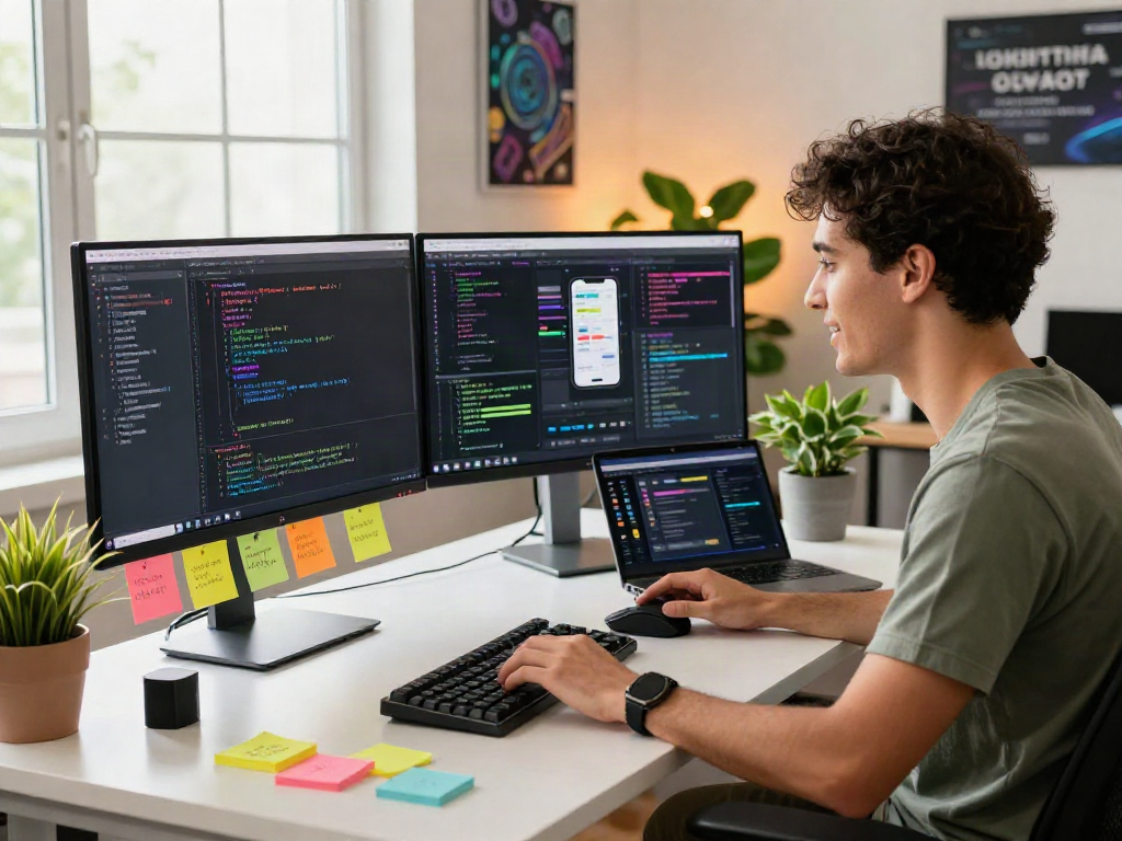 Developer coding in gbwhatsapp app interface at a modern workspace, showcasing creativity and tech functionality in a vibrant office.