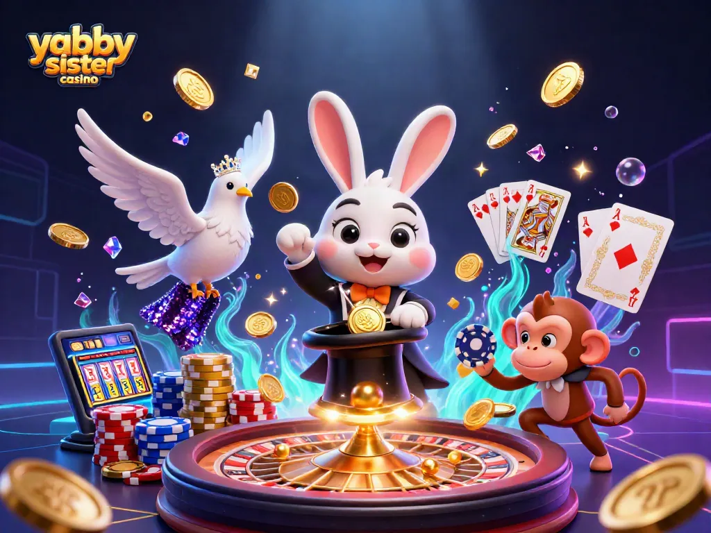 Experience the magic of yabby sister casino with colorful characters and casino elements in a vibrant scene.