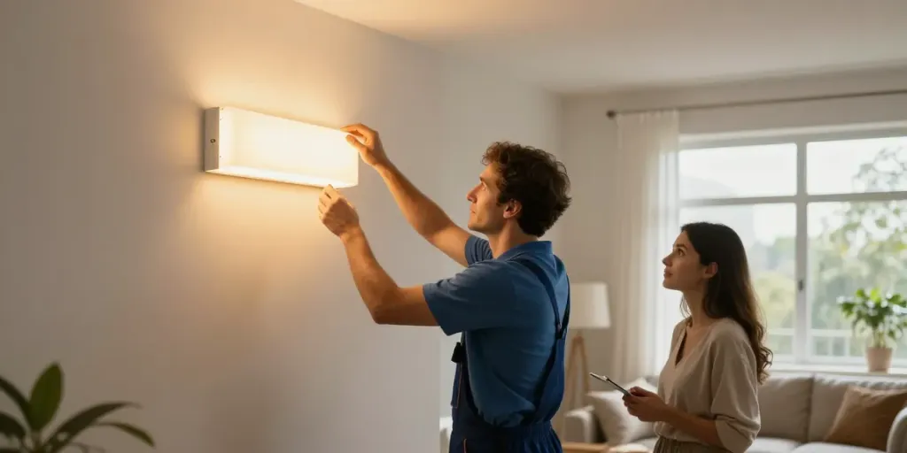 Aplica LED montată într-un living modern, reprezentând servicii locale de încredere.