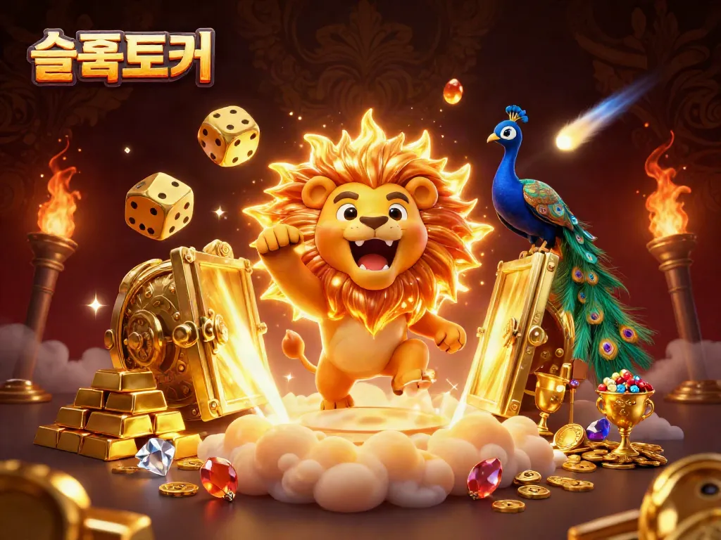 Engage in exciting gaming with 슬롯토커’s captivating 3D slot scene depicting a roaring lion, golden dice, and flowing treasures.