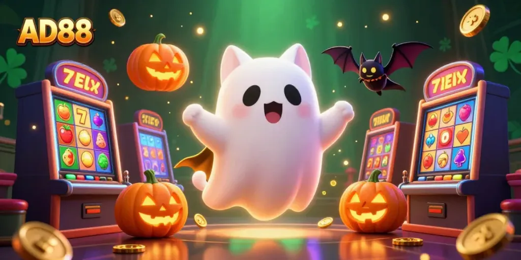 Experience AD88's vibrant haunted casino world with playful characters and thrilling slot games.